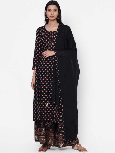 

FASHOR Women Black Self Design Kurta with Sharara & Dupatta