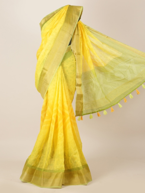 

Pothys Yellow Printed Linen Blend Saree