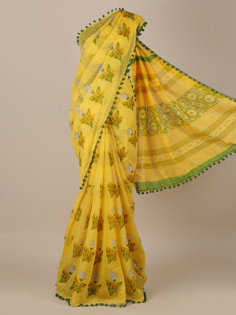 

Pothys Yellow & Green Linen Blend Printed Saree