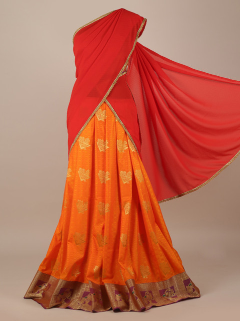 

Pothys Red & Orange Poly Chiffon Woven Design Lehenga Saree