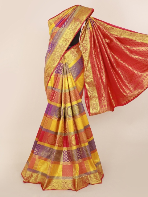 

Pothys Peach-Coloured & Multicoloured Pure Silk Woven Design Kanjeevaram Saree