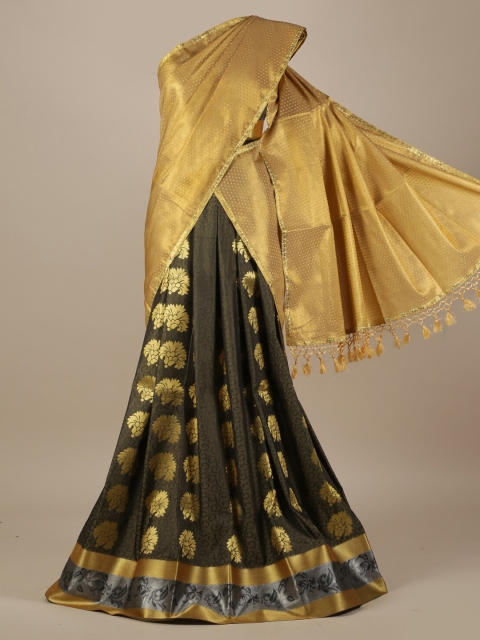 

Pothys Charcoal Grey & Gold-Toned Tissue Woven Design Half Saree