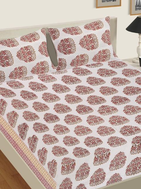 

Tistabene Red & White Floral 144 TC Cotton King Bedsheet with 2 Pillow Covers