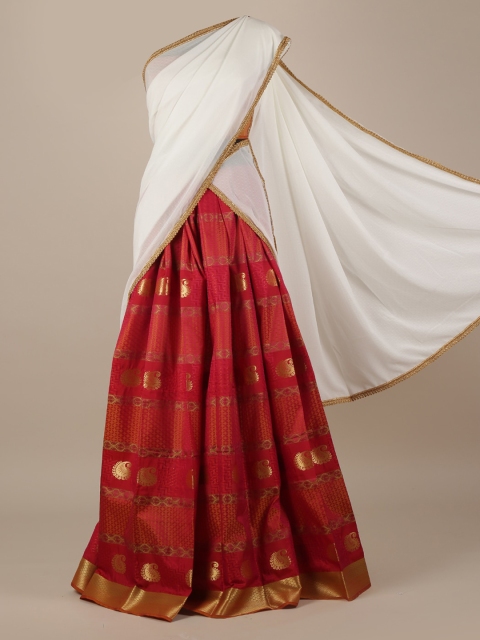 

Pothys White & Maroon Poly Chiffon Woven Design Lehenga Saree