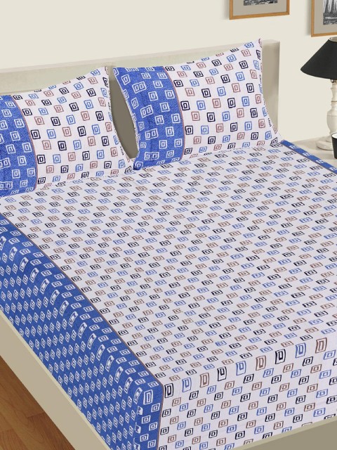 

Tistabene White & Blue Geometric Printed 144 TC Cotton Double King Bedsheet With 2 Pillow Covers