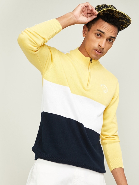 

Smiley World Men Yellow & Navy Blue Colourblocked Pullover Sweater
