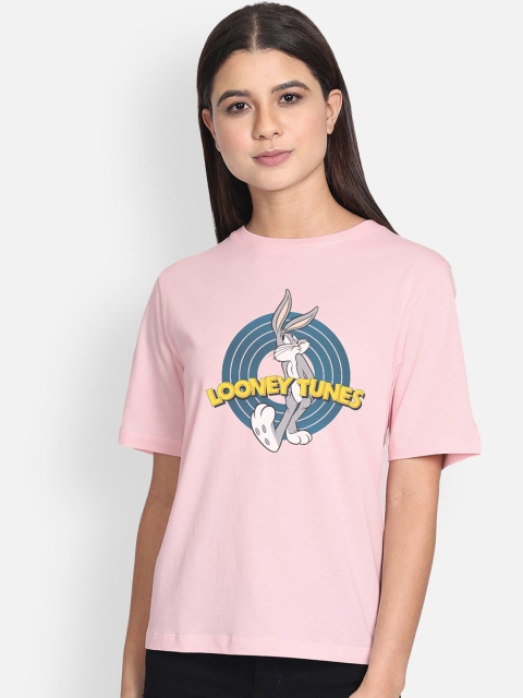 

Free Authority Women Pink Blue Looney Tunes Print Pure Cotton T-shirt