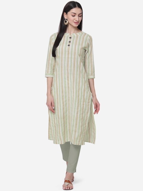 

Kvsfab Women Green & Beige Striped A-Line Kurta