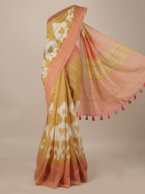 

Pothys Cream-Coloured & Mustard Yellow Jute Silk Printed Saree