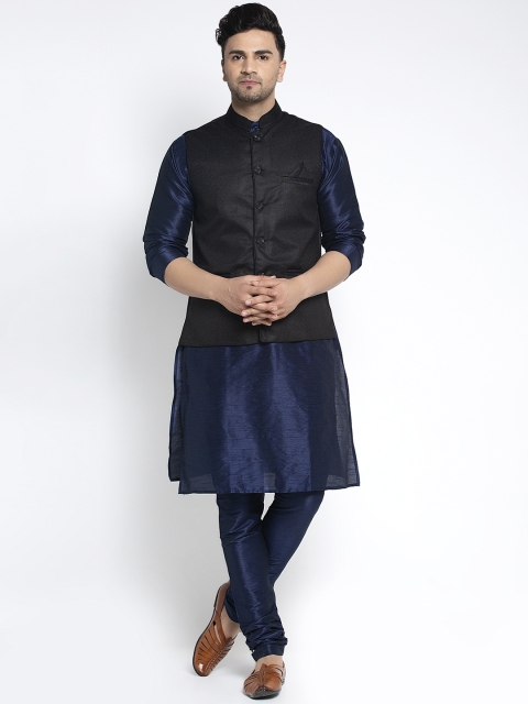 

Benstoke Men Blue Solid Silk Kurta with Churidar and Nehru jacket