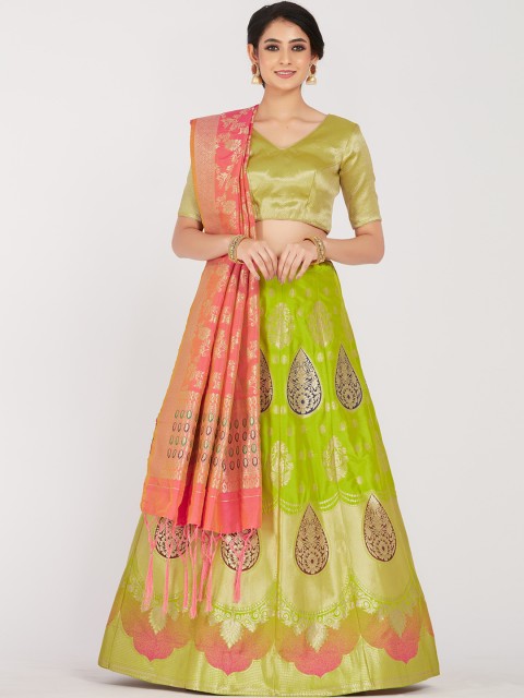 

MIMOSA Women Green & Pink Woven-Design Semi-Stitched Lehenga & Unstitched Blouse with Dupatta