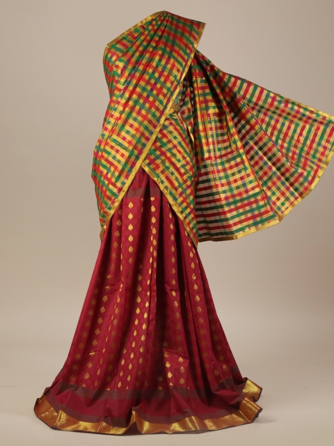 

Pothys Maroon & Gold-Toned Tissue Woven Design Half Saree