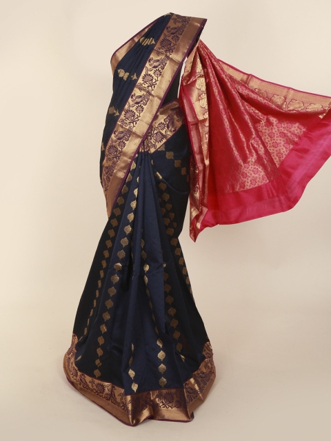 

Pothys Navy Blue & Gold-Toned Pure Silk Woven Design Kanjeevaram Saree