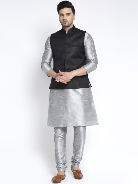 

Benstoke Men Silver-Toned Solid Silk Kurta with Churidar and Nehru Jacket