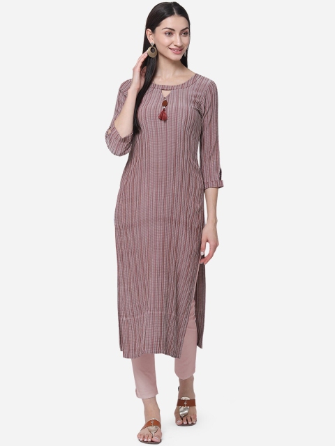 

Kvsfab Women Brown Striped Straight Kurta