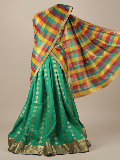 

Pothys Green & Orange Tissue Checked Lehenga Saree