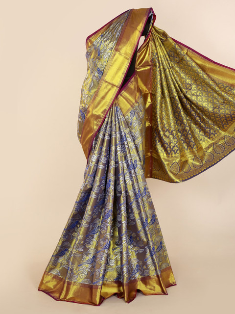 

Pothys Gold-Toned & Blue Pure Silk Woven Design Kanjeevaram Saree