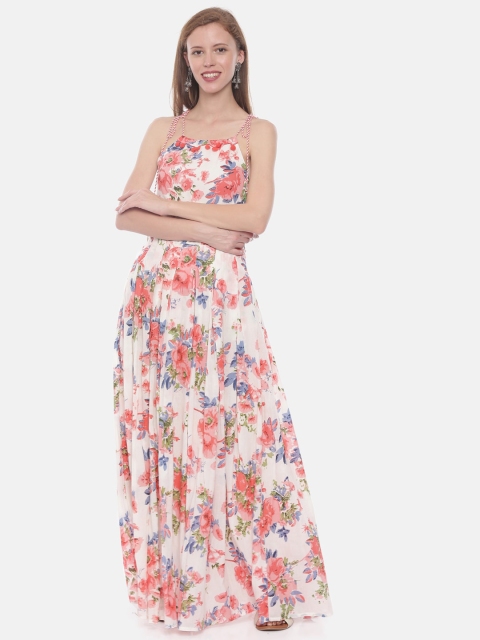 

Neerus Women Off-White & Pink Floral Printed Maxi Dress