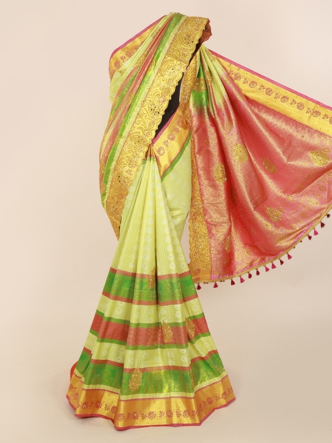 

Pothys Green & Peach-Coloured Pure Silk Woven Design Kanjeevaram Saree