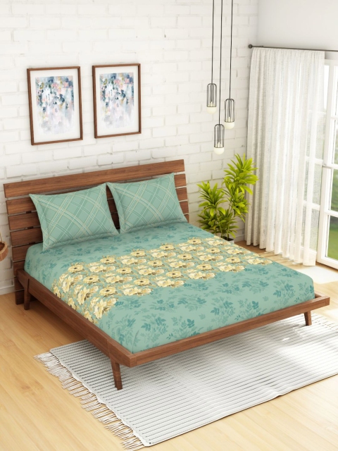 

SPACES Blue & Yellow Printed Double Bedsheet With 2 Pillow Covers