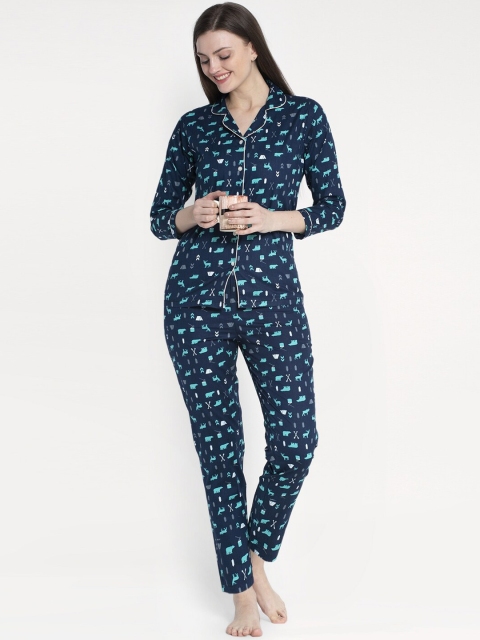 

MAXENCE Women Navy Blue & Sea-Green Printed Night Suit