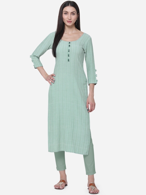 

Kvsfab Women Green Striped Straight Kurta