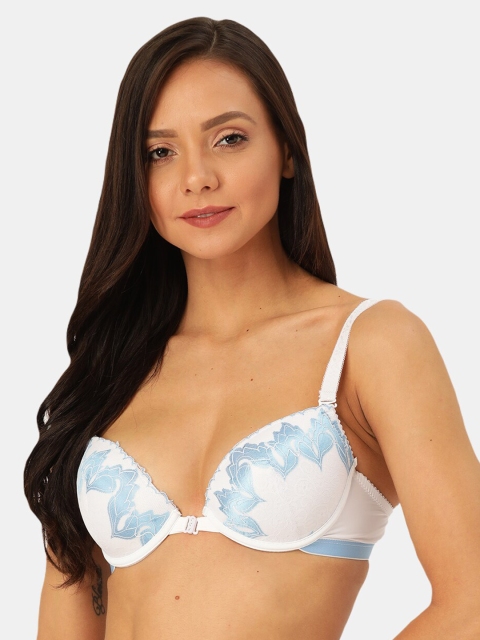 

MAKCLAN White & Blue Lace Lightly-Padded Underwired Plunge Bra K23022BM