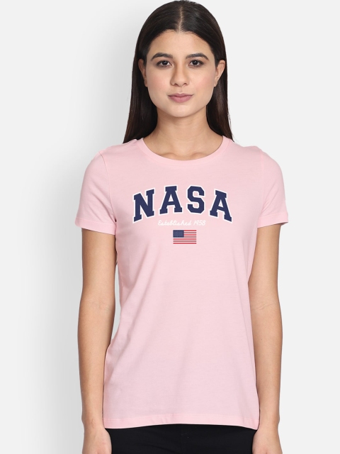

Free Authority Women Pink & Navy Blue NASA Printed Round Neck T-shirt