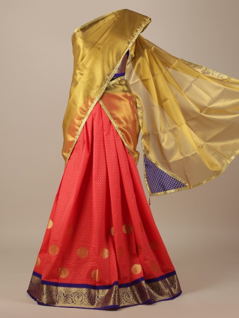 

Pothys Gold-Coloured & Coral Tissue Woven Design Lehenga Saree
