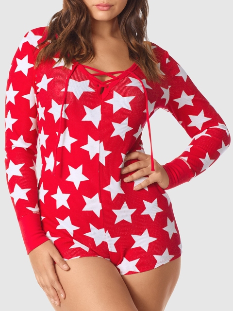 

La Senza Women Red & White Printed Bodysuit