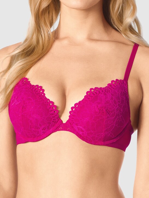 

La Senza Women Fuchsia Pink Solid Wired Lightly Padded Plunge Lace Bra 11157022-95S0