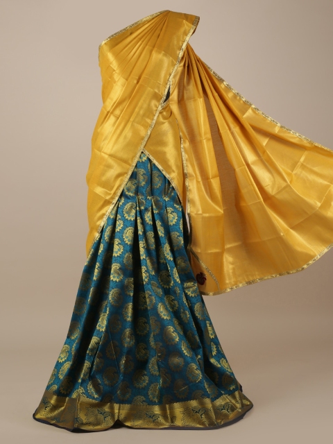 

Pothys Gold-Toned & Teal Tissue Solid Half Saree