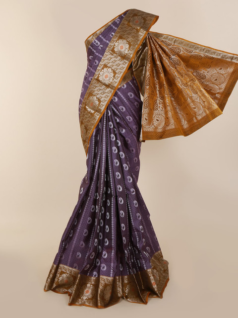 

Pothys Purple & Silver-Toned Pure Silk Woven Design Kanjeevaram Saree