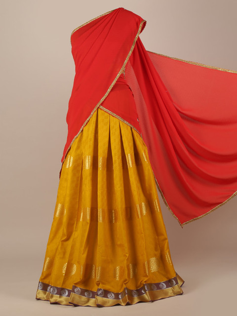 

Pothys Red & Mustard Yellow Poly Chiffon Woven Design Half Saree