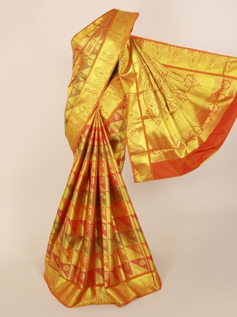 

Pothys Orange & Gold-Toned Pure Silk Woven Design Kanjeevaram Saree