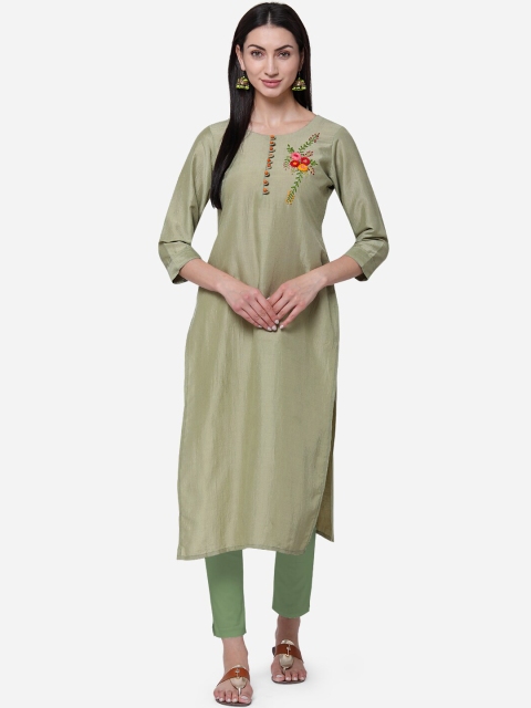 

Kvsfab Women Olive Green Solid Straight Kurta
