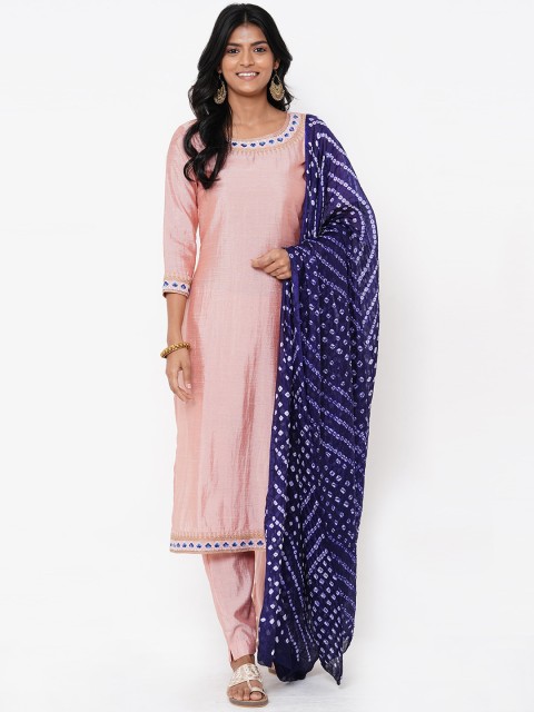 

FASHOR Women Peach-Coloured Solid Kurta with Churidar & Dupatta