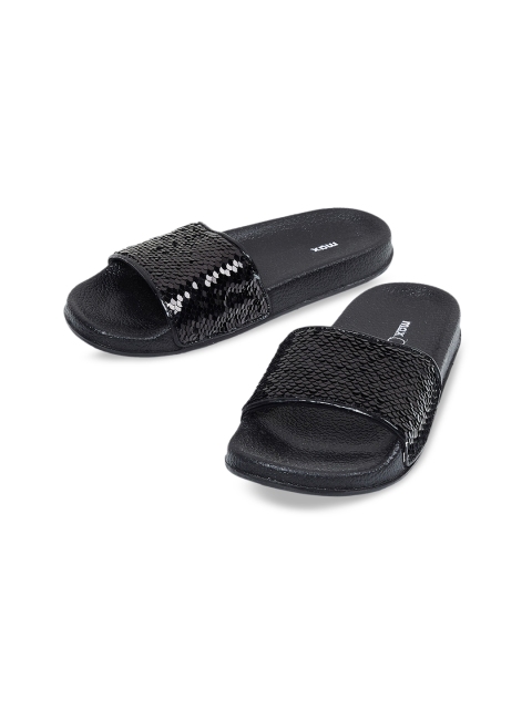 

max Women Black Sequinned Open Toe Flats