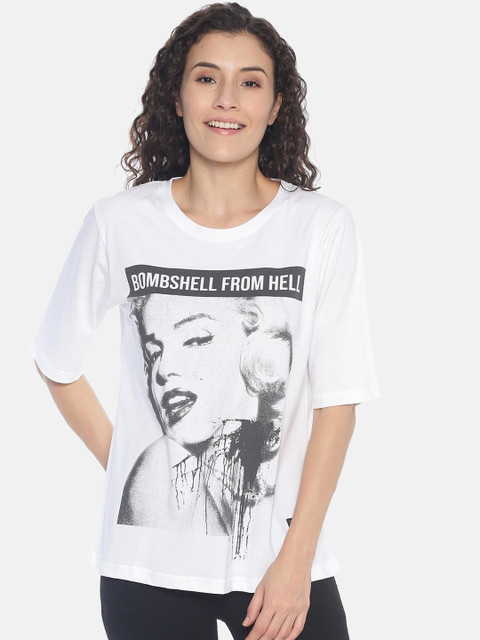 

KULTPRIT Women White Printed Cotton Round Neck T-shirt