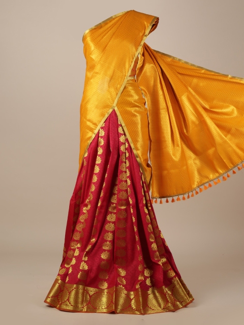 

Pothys Mustard Yellow & Red Tissue Woven Design Lehenga Saree