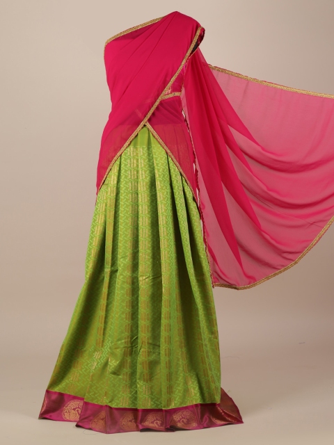 

Pothys Pink & Green Poly Chiffon Woven Design Lehenga Saree