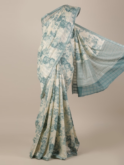 

Pothys Cream-Coloured & Blue Jute Silk Printed Saree