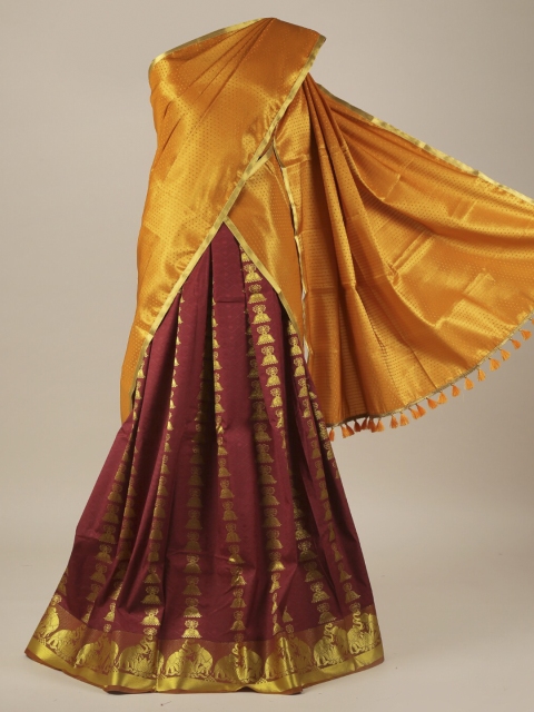 

Pothys Yellow & Maroon Tissue Woven Design Lehenga Saree