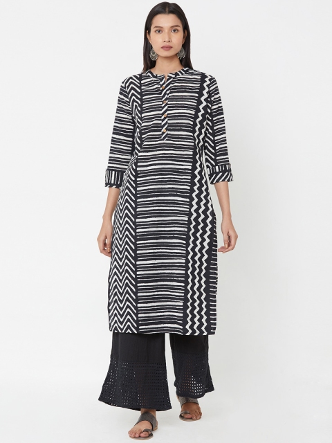 

FASHOR Women Black & White Striped A-Line Kurta