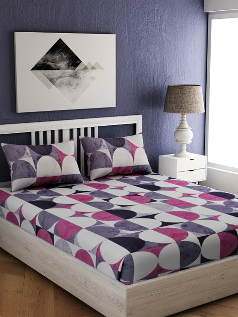 

EverHOME Purple & White Printed 144 TC Cotton Double Queen Bedsheet With 2 Pillow Covers