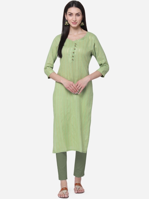 

Kvsfab Women Green & Gold-Toned Striped Straight Kurta
