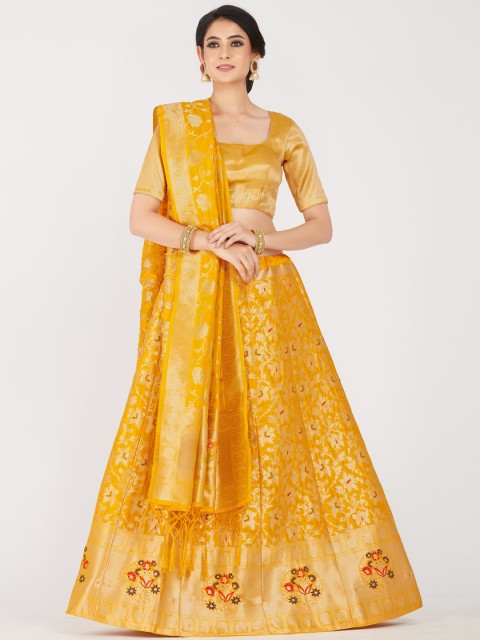 

MIMOSA Women Yellow & Gold-Colour Woven-Design Semi-Stitched Lehenga & Blouse With Dupatta