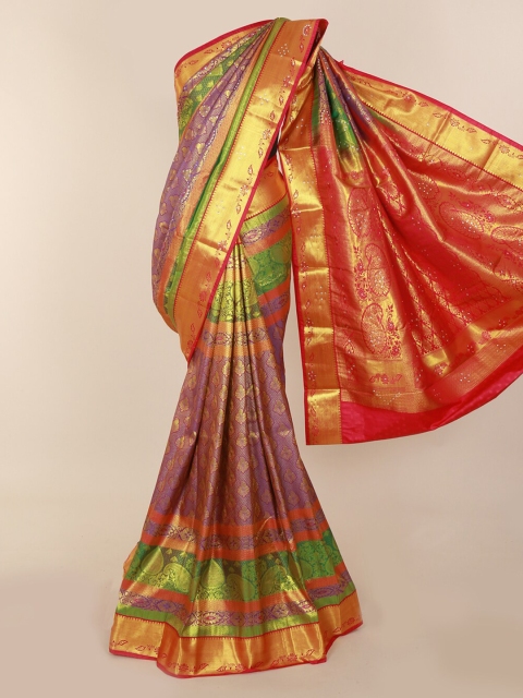

Pothys Violet & Gold-Toned Pure Silk Woven Design Kanjeevaram Saree