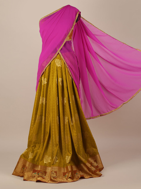 

Pothys Mustard & Pink Poly Chiffon Printed Traditional Half Saree