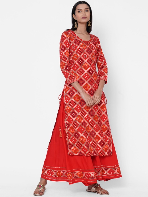 

FASHOR Women Red Printed Kurta with Palazzos